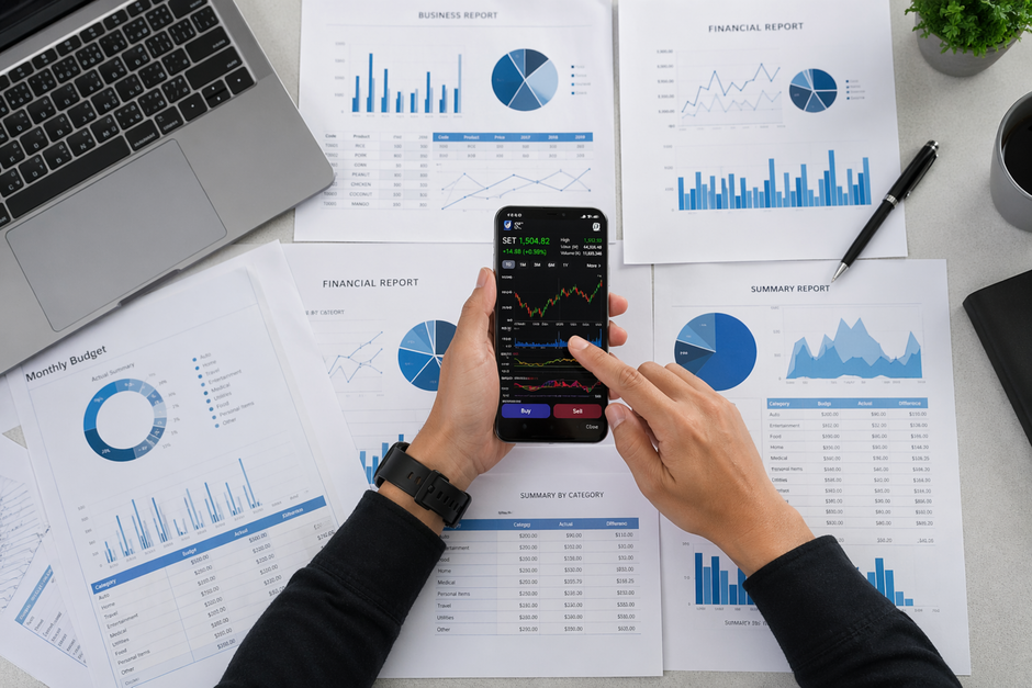 tiktok pixel — Business person reviews financial data and graphs on a mobile device surrounded by reports.
