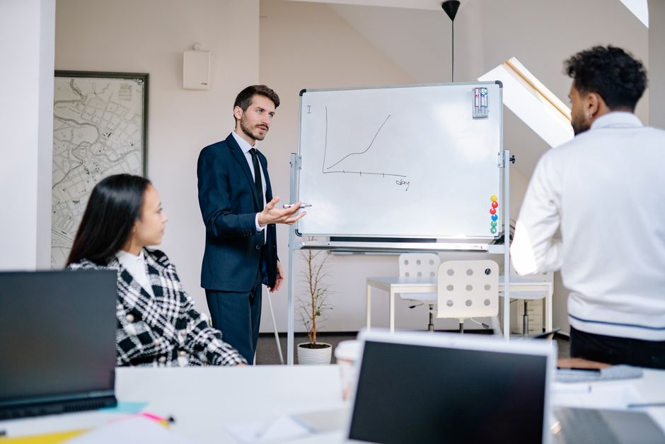 brand story b2b — Business team in office presenting growth graph on a whiteboard for strategy discussion and teamwork i