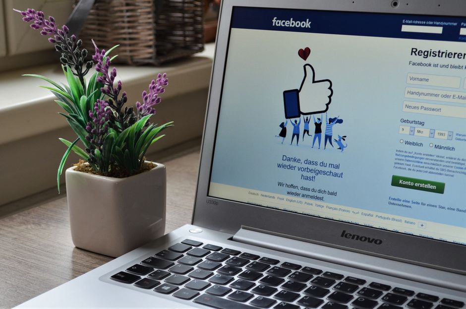 cmp consent — A Lenovo laptop displaying Facebook login beside a lavender plant indoors.