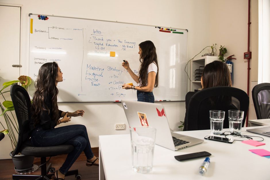 positioning framework — Business women discussing strategy at a whiteboard in a modern office setting.
